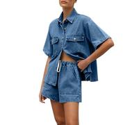 NSICBMNO Y2 Tenue deux pièces pour femme - Ensemble coordonné en denim - Chemise à manches courtes - Taille haute - Short en jean - Ensemble d'été - Chemise boutonnée - Hot pants - Tenue de voyage