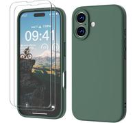 NSIECD-3 en 1 Coque pour iPhone 16 Silicone Liquide 6.1"" avec 2 Verre Trempé, Étui Protection Précise de Caméra [Résistant aux Rayures] [Antidérapant] iPhone 16 Case,Pine Vert