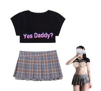 NSKRKOW Tenues pour Femmes Débardeur Vêtements de Nuit Mini T-Shirt Daddy's Little Slut Fun Flirty Student Jupe plissée Cosplay