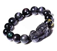 NSNYDNZ Bracelet en Obsidienne, Feng Shui, Richesse, Six Mots, Perle élastique réglable, éloigne Les Mauvais Esprits, Bijoux for Femmes et Hommes, 14 mm