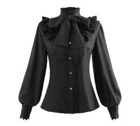 NSPSTT Chemisier victorien gothique boutonné à manches longues pour femme - Blanc, Noir-Regular Dit, M