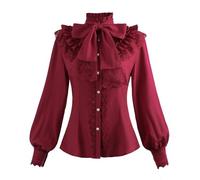 NSPSTT Chemisier victorien gothique boutonné à manches longues pour femme - Blanc, Rouge-1043C, L