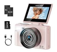 Nsyee Appareil photo numérique 5K, avec transfert WiFi, caméra YouTube Vlog 75 MP, écran rabattable à 180 ° avec carte SD 64 Go, zoom numérique 18x, appareil photo compact cadeau pour débutant