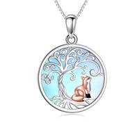NTALJC Collier arbre de vie Silver Moonstone Fox Pendant Collier Bijoux animal mignon pour femmes amant