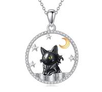 NTALJC Collier de chat Silver Moon and Star Pendant Collier Cat Amitié ou amour Black Cat Bijoux Cadeaux pour les filles