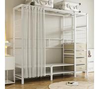 NTALJC Heavy Duty Clothes Rack with Curtain - Large Wardrobe Closet System for Bedroom, 4 Open Shelves & 6 Drawers, White Walk-in Closet Organizer (130x50x170cm)