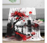 NTBSDVKDO 3D Imprimé Red Cherry Tree Couverture de Lit Microfibre Chaude Japanese Ink Painting Jeté de Salon Infroissable Inaltérable pour Couples Foyers Jeunes 40x50inch(100x130cm)