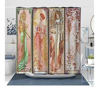 NTETSN Rideau de Douche Art Nouveau Lady Alphonse Mucha Printemps Été Automne Hiver Saisons Série Écran Peinture à l'huile Tissu Polyester Rideau de Salle de Bain avec Crochets 183 x 198 cm