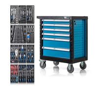 NTG Chariot à Outils - Boîte à Outils + Outils - 220 pièces - avec 6 tiroirs Dont 4 avec Outils - Verrouillable - Tiroirs à roulement à Billes - 2 roulettes pivotantes - Frein de stationnement