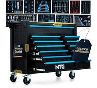 NTG Chariot à outils XXL - 471 pièces - 12 tiroirs avec plan de travail en bois, verrouillable, mobile sur roulettes - Meuble de rangement professionnel en métal pour garage et atelier