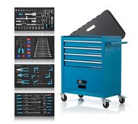 NTG Servante d'atelier remplie avec 70 pièces d'outils - 4 tiroirs + grand compartiment + coussin pour les genoux - Tiroirs à roulement à billes - 2 roues avec frein de stationnement - Chariot à