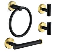 Ntipox Ensemble de quincaillerie de Salle de Bain 4 pièces en Acier Inoxydable Noir Mat et Or brossé Comprenant Un Anneau Porte-Serviette, Un Porte-Papier Toilette, 2 Crochets pour Peignoir, Un kit