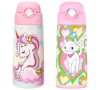 Ntswasd Gourde Isotherme Pour Enfant Avec Paille,acier Inoxydable - 500 Ml- Sans Bpa - Anti-fuite - Bouteille D'eau Isotherme Pour L'école, La Maternelle（Licorne+chat）