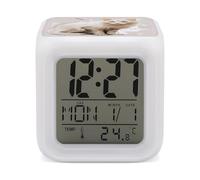 NTVOWPZO Réveil numérique à LED 7 couleurs avec image de chat blanc, horloge de chevet avec affichage de la température, format 12/24h, répétition et veilleuse à intensité variable, lampe alimentée
