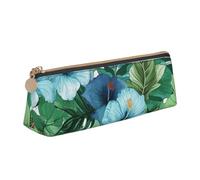 NTVOWPZO Trousse à crayons en cuir de grande capacité avec fermeture éclair pour femme Motif feuilles vertes Panda, Fleurs d'hibiscus vertes et bleues, Taille unique, Trousse à crayons