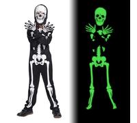 Ntwdby Costume Enfant Squelette, Déguisement Squelette Enfant, Costume Halloween Squelette Enfant Glow in the Dark, Masque de crâne, gants crane, pour Halloween, Carnaval, Cosplay, Tag der Toten (M)