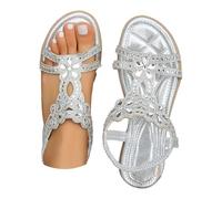 Nu Pieds Femme Été Confortable Sandales Avec Strass Et Nu-Pieds Élastique Bride À La Cheville Bout Ouvert Chaussure De Plage Chaussures Plates Antidérapant Plateforme Compensées (Argent,38)