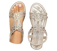 Nu Pieds Femme Été Confortable Sandales Avec Strass Et Nu-Pieds Élastique Bride À La Cheville Bout Ouvert Chaussure De Plage Chaussures Plates Antidérapant Plateforme Compensées (Or,39)