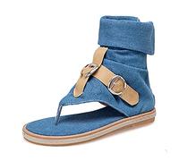 NU Pieds Femme Été Confortable Sandales Larges Commerce extérieur transfrontalier sandales d'été Denim cuir boucle de ceinture couleur contraste pince orteil Femme Été Confortable (Blue 39)