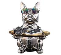 NUACOS Bouledogue Français Statue Résine Bouledogue Sculpture Plateau De Rangement Statue Coin Tirelire Plat de Bonbons pour Bureau Multifonction Bureau Maison Table Décor,Gris