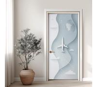 Nuage Terre Effet 3D Sticker Porte, Avion Blanc Papier Autocollant Porte Mural Décoration, Minimaliste Stickers Muraux Amovible PVC 77x200 cm