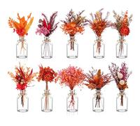 Nuanchu Lot de 10 centres de table de fleurs rouges séchées pour mariage, 10 petits vases en verre, 10 bouquets de fleurs rouges séchées avec corde pour fête prénatale, fête de mariage rustique