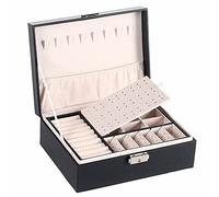 NuAngela Boîte à bijoux, boîte à bijoux, boîte à bijoux, étui de rangement en cuir PU double couche pour femmes filles, pour bagues, boucles d'oreilles, colliers et bracelets (le noir)