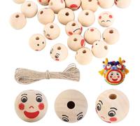 Nuangoo 120 Pièces Perles en Bois Pour Le Visage 20mm,Perles rondes en bois à gros trous,6 styles de perles en bois avec visage pour les bijoux bracelet-collier de bricolage