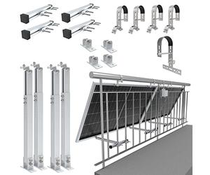 NuaSol Support de centrale électrique de balcon - Fixation pour 2 panneaux solaires et un onduleur photovoltaïque - Rond - Angle d'inclinaison 0° et 25-45° - Diamètre jusqu'à 80 mm - Argenté