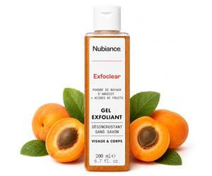 NUBIANCE EXFOCLEAR Gommage Corps, Gommage Visage, Exfoliant AHA, 2 x 200 ml | Affine le grain de peau et ravive l’éclat grâce à la poudre de noyaux d’abricot, qui élimine en douceur les cellules mortes.