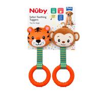 Nuby Lot de 2 jouets couineurs en peluche pour chien Safari | Lot de 2 jouets de dentition pour chiot avec animaux en peluche, anneaux en caoutchouc texturés, couineurs et parfum de