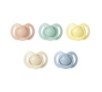 Nuby - Lot de 5 tétines et sucettes orthodontiques en silicone douce | 3 modèles jour et nuit | 2 phosphorescentes | Sans BPA | Imitent le sein | 6-18 mois