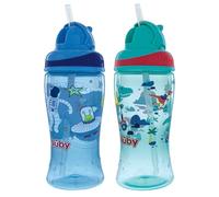 Nuby Thirsty Lot de 2 gobelets boosters imprimés anti-déversement Flip-it avec paille fine et douce - 355 ml, 18 mois et plus, 2 paquets imprimés peuvent varier