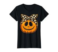 Nœud Citrouille à Carreaux Mignon Effrayant Halloween Visage Grand-mère T-Shirt Graphique avec Valeur, Femme, Noir, M