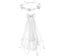 Nœud de communion pour fille avec breloque en forme de croix avec voile de 61 cm sur peigne à cheveux, couronne florale blanche (voile de fleur blanche avec poires)