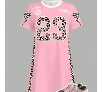 Nœud imprimé léopard doux, imprimé léopard numéro 23 et graphique anglais, texte "LOS ANGELES" imprimé, robe noire courte à manches courtes décontractée et minimaliste inspirée des sports pour les pré