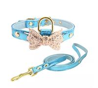 Nœud strass PU colliers pour chiens fournitures pour animaux de compagnie laisse pour chien nœud diamant artificiel (couleur : bleu taille : code M) (code XS bleu)