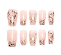 Nude French Handmade Press On Nails Long Square 10Pcs Fake Nails Hand-Painted Gold Butterfly Luxury Glue on Nails Reusable Acrylic False Nails Manicure Kits with French Design for Women