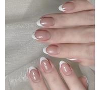 Nude French Handmade Press On Nails Short Oval Almond Fake NailsWhite French edge Luxury Glue on Nails Reusable Acrylic False Nails Manicure Kits with Cute Design for Women