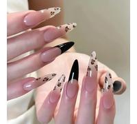 Nude French Handmade Press On Nails Stiletto Nail Tips Black Leopard Print Luxury Glue on Nails Reusable Acrylic False Nails Manicure Kits with Cute Design for Women