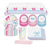 Nœuds décoratifs d'anniversaire - Ensemble de vaisselle de fête - Décoration rose pour anniversaires avec assiettes de 17,8 cm, assiettes de 22,9 cm, gobelets, serviettes, pailles et nappe - Vaisselle