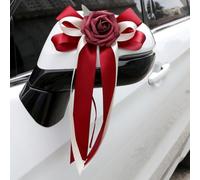 Nœuds en ruban de voiture de mariage avec roses artificielles - Kit de décoration pour voitures juste mariées - Décoration de rétroviseur 36 x 17 cm (2 pièces, rouge)