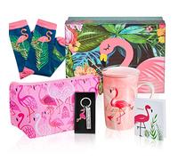 Nuenen 5 Pcs Set de Cadeaux pour Femme Fille Comprenant Tasse à Café Flamant Rose en Céramique Trousse de Maquillage Voyage Chaussettes Porte-Clés Carte de Voeux avec Coffret Cadeau