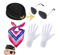 Nuhjytgf Ensemble de costume d'hôtesse de l'air, comprend un chapeau, une écharpe, des lunettes, des gants, une broche, un ensemble de 5 accessoires, une tenue d'hôtesse de l'air, un kit de
