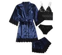Nuisette 4 pièces en dentelle et satin avec robe de nuit séduisante et confortable pour femme, bleu marine, 3XL