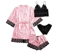 Nuisette 4 pièces en dentelle et satin avec robe de nuit séduisante et confortable pour femme, rose, M