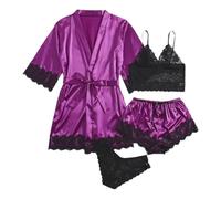 Nuisette 4 pièces en dentelle et satin avec robe de nuit séduisante et confortable pour femme, violet, M
