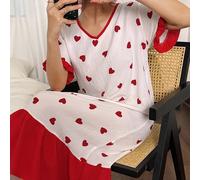 Nuisette à col V à manches courtes avec imprimé cœur rouge, volants et blocs de couleur, robe de nuit Moo Moo L,M,S,XL,XXLTissu tissé