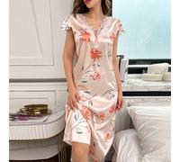 Nuisette de luxe pour dames avec col en V en dentelle, imprimé floral sur soie simulée L,M,S,XLImprimés aléatoiresSatin