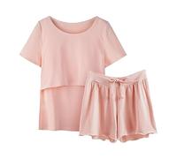 Nuisette de maternité avec manches pour dormir, pyjama d'allaitement, chemise pour femmes, ensemble T-shirt de maternité, pantalons courts, vêtements de nuit pour la maternité, rose, 3XL